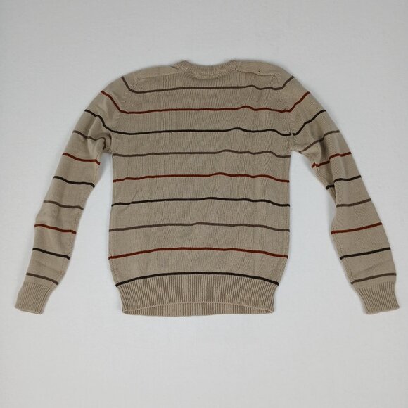 Vintage 90s Wellington Y2K Black Red Striped Tan Knit Crewneck Sweater - Picture 2 of 6